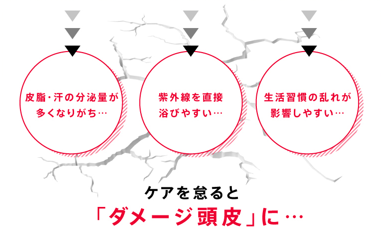 皮脂・汗の分泌量が多くなりがち…紫外線を直接浴びやすい…生活習慣の乱れが影響しやすい…ケアを怠ると「ダメージ頭皮」に…