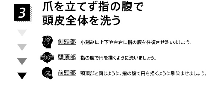 3.爪を立てず指の腹で頭皮全体を洗う 側頭部 小刻みに上下や左右に指の腹を往復させ洗いましょう。 頭頂部 指の腹で円を描くように洗いましょう。 前頭部 頭頂部と同じように、指の腹で円を描くように馴染ませましょう。