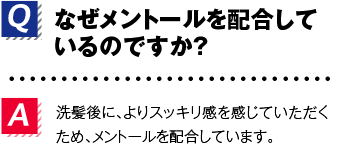 Q.なぜメントールを配合しているのですか？A.洗髪後に、よりスッキリ感を感じていただくため、メントールを配合しています。